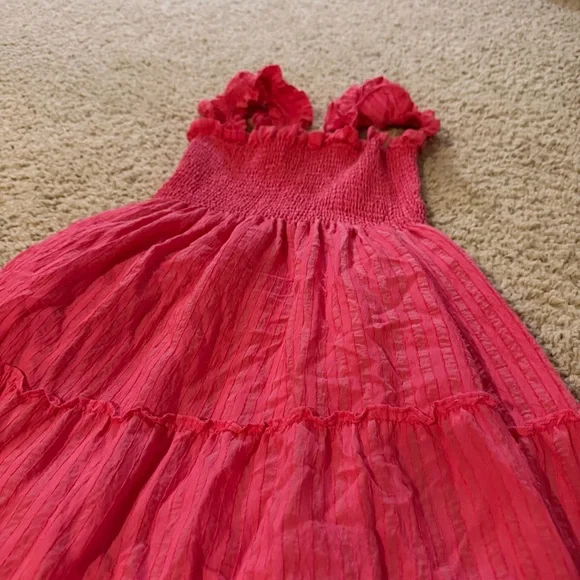 HILL HOUSE Ellie Tonal Seersucker Ruffle Shoulder Tiered Nap Dress, Watermelon - Picture 4 of 9
